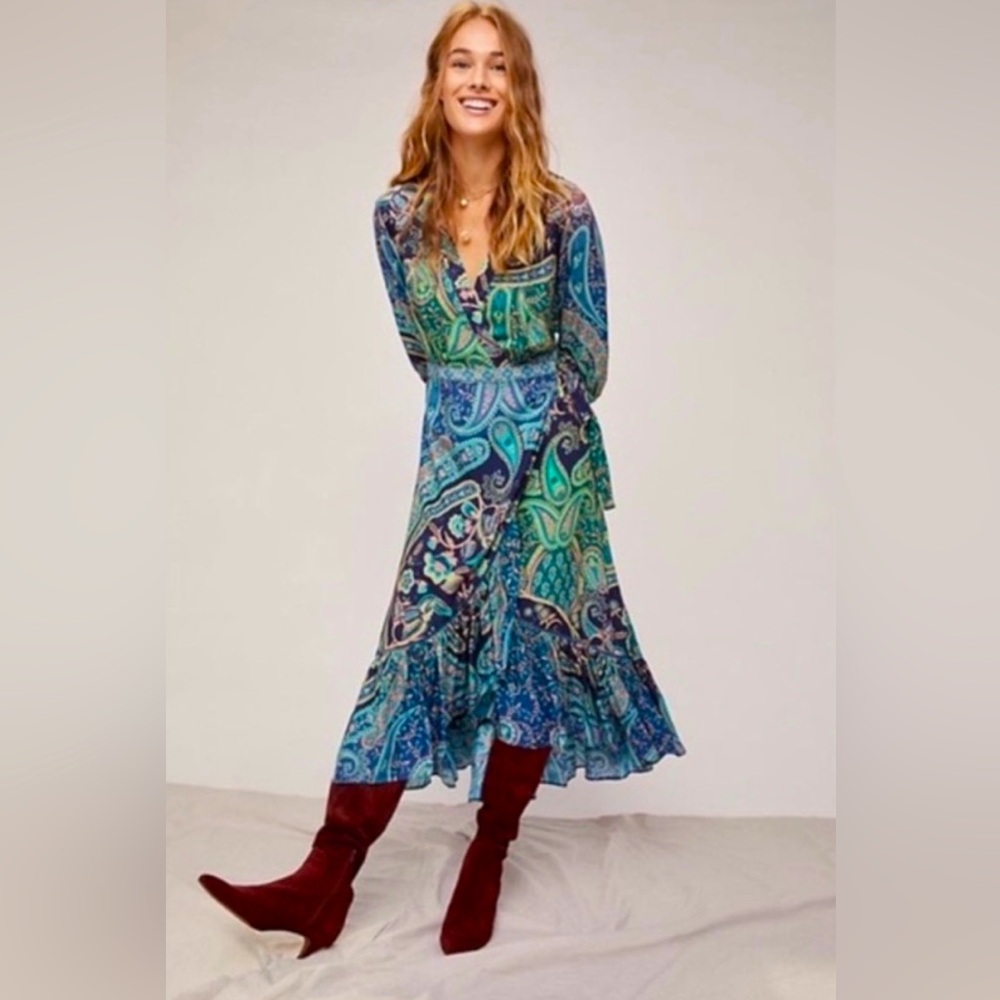 NWT Farm Rio Anthropologie Amorina Tropical Floral Wrap Maxi Dress In Blue Motif